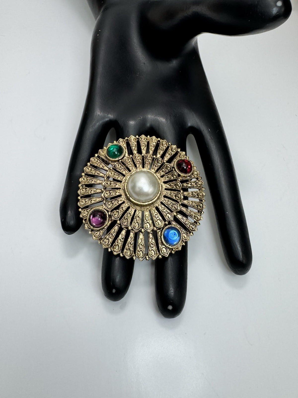 Vintage Gripoix Glass Cabochon Pearl Sunburst Brooch Gold Tone MCM
