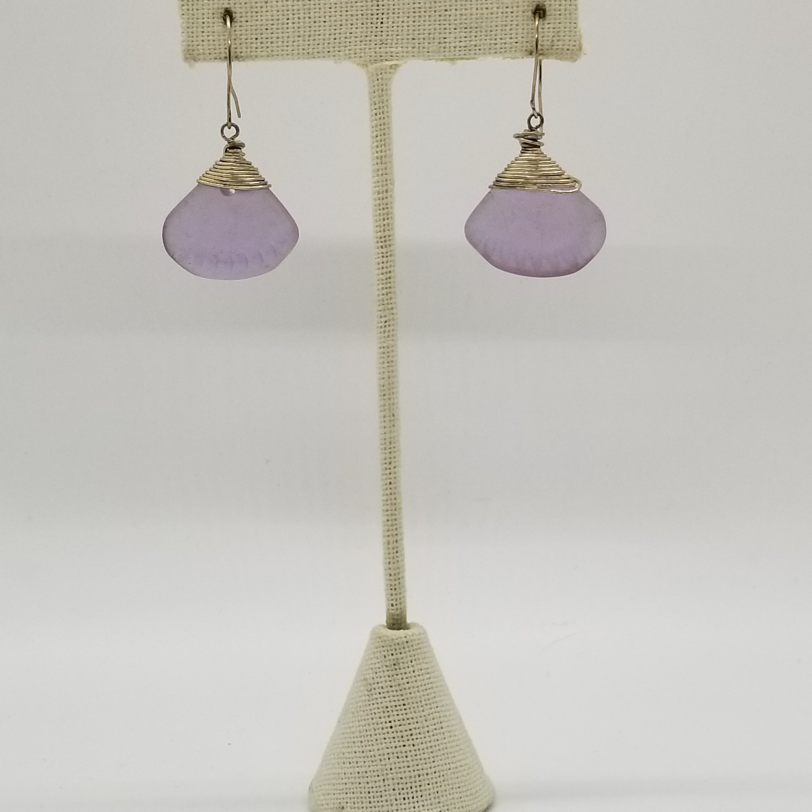 Vintage Purple Sea Glass Claw Shell Design Wite Wapped Dangle Drop Earrings