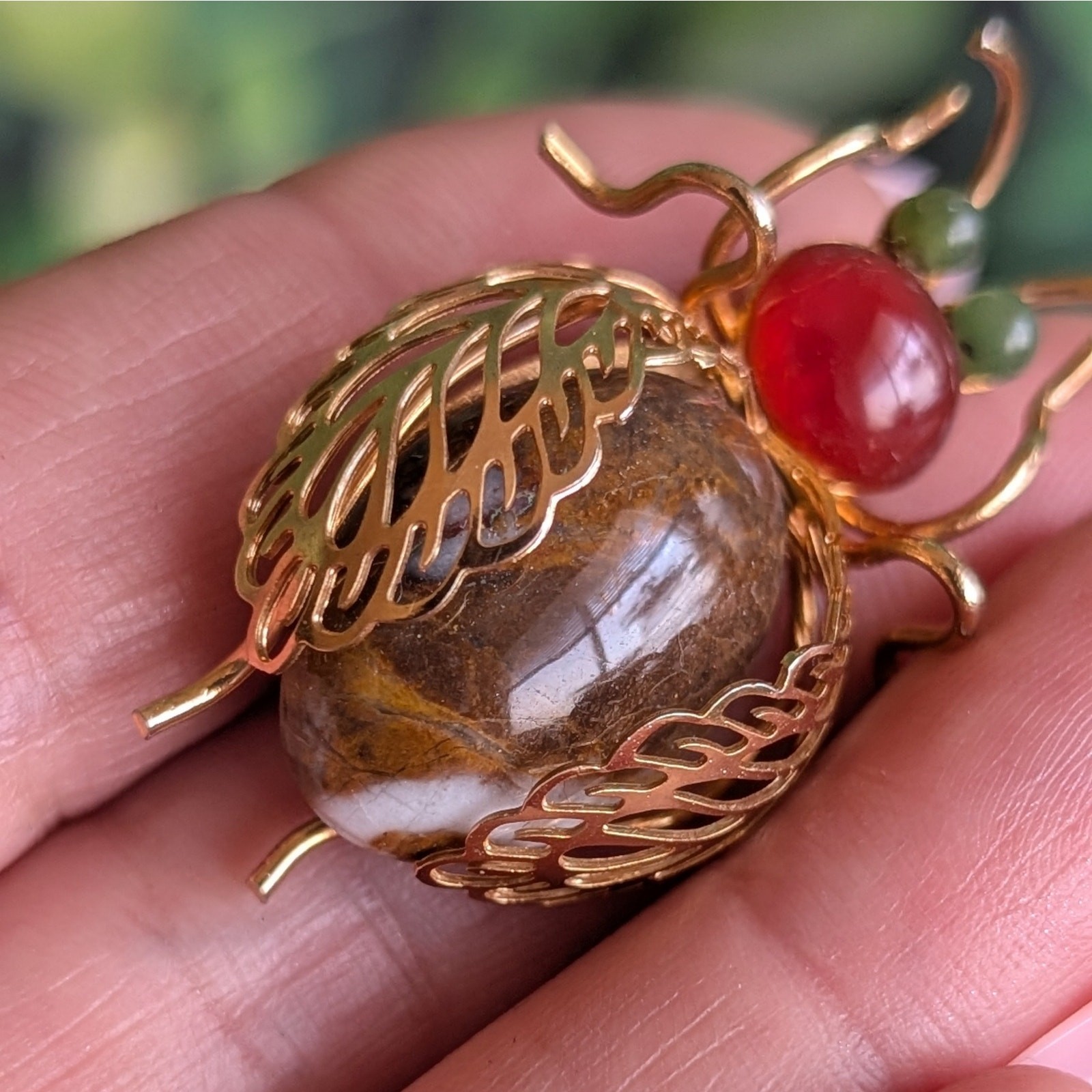Vintage Beetle Brooch Gemstone Gold Tone Insect Pin Agate Stone Figural Bug