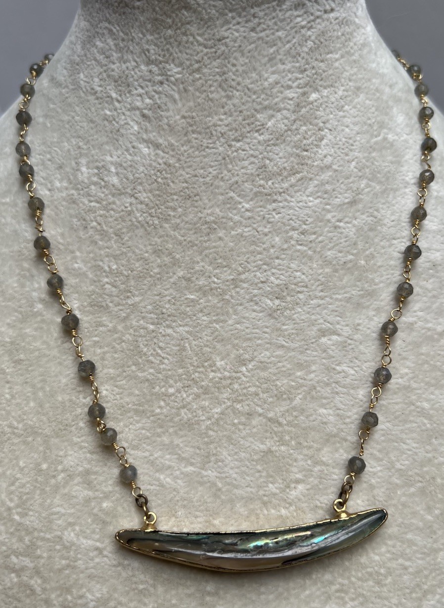 Vintage Dainty Labordorite Chain Necklace Paua Shell Pendant Gold Tone 16”