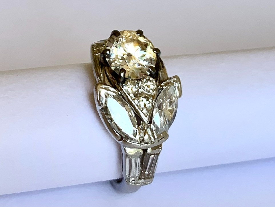 Estate Platinum Floral Burst Diamond Cluster Ring Simulated Center Stone