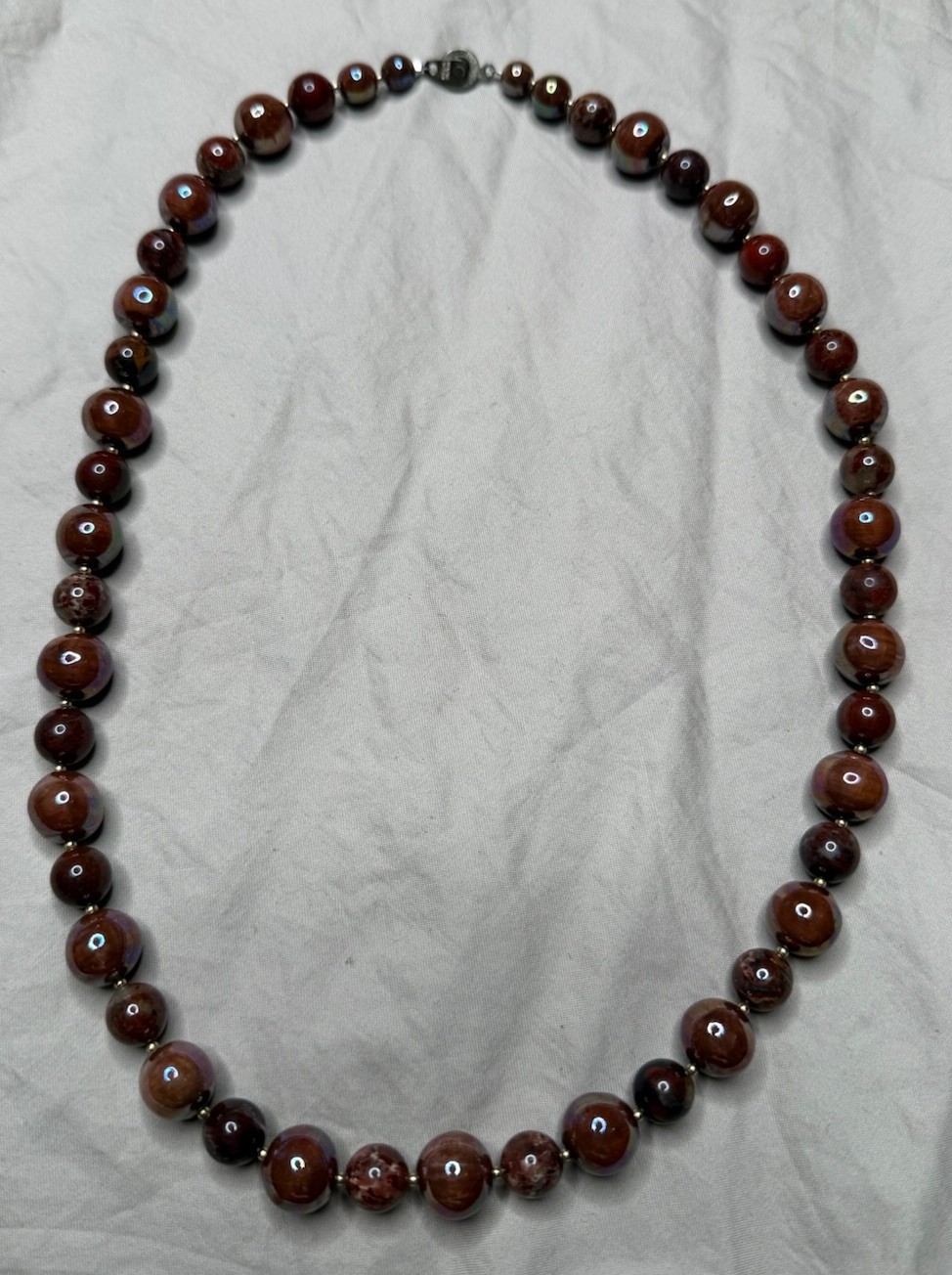 Vintage Graduated Marbled Bead Necklace Brown Red Iridescent 24” USA Pat