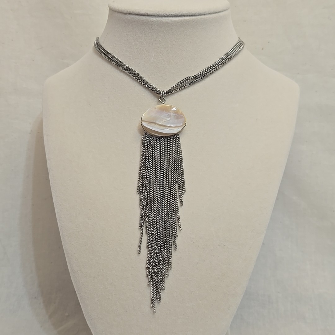 Vintage Charming Charlie Shell & Silver Tone Layered Chain Fringe Necklace MOP