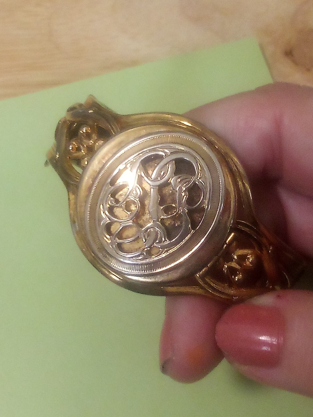 Stellar vintage gold-filled ornate filigree cuff hinge open locket bracelet