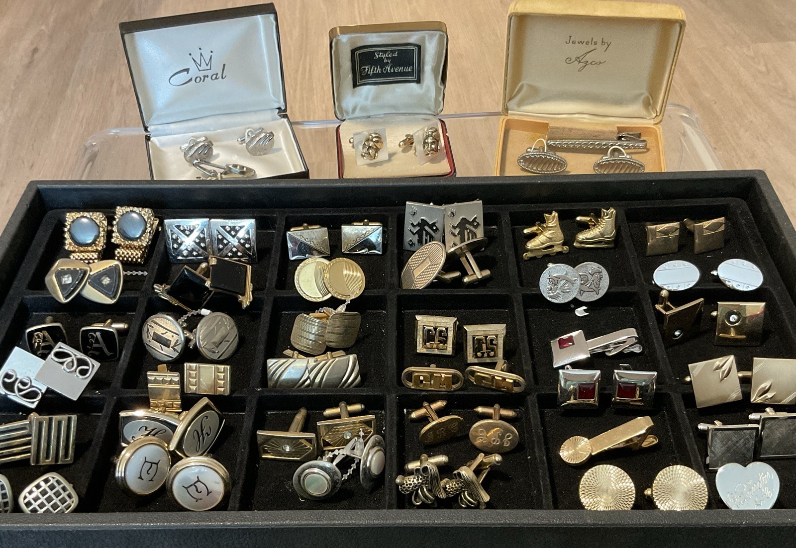 VINTAGE 87 PC MEN’S JEWELRY LOT CUFFLINKS TIE BARS CHAINS, TACS & SETS FREE SHIP