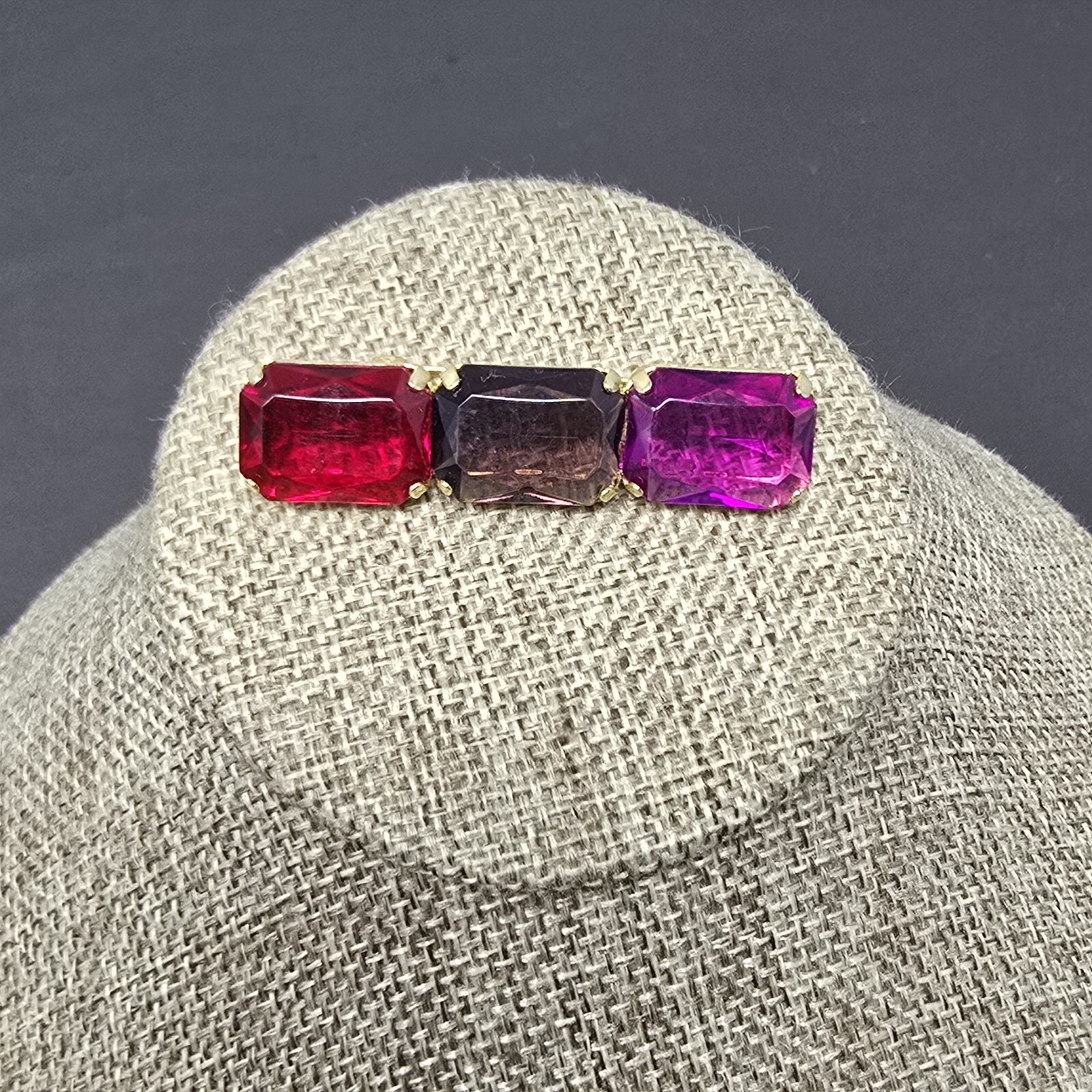 Vtg Red Purple Pink Fusia Brooch 80s Geometric Rectangle 1980s
