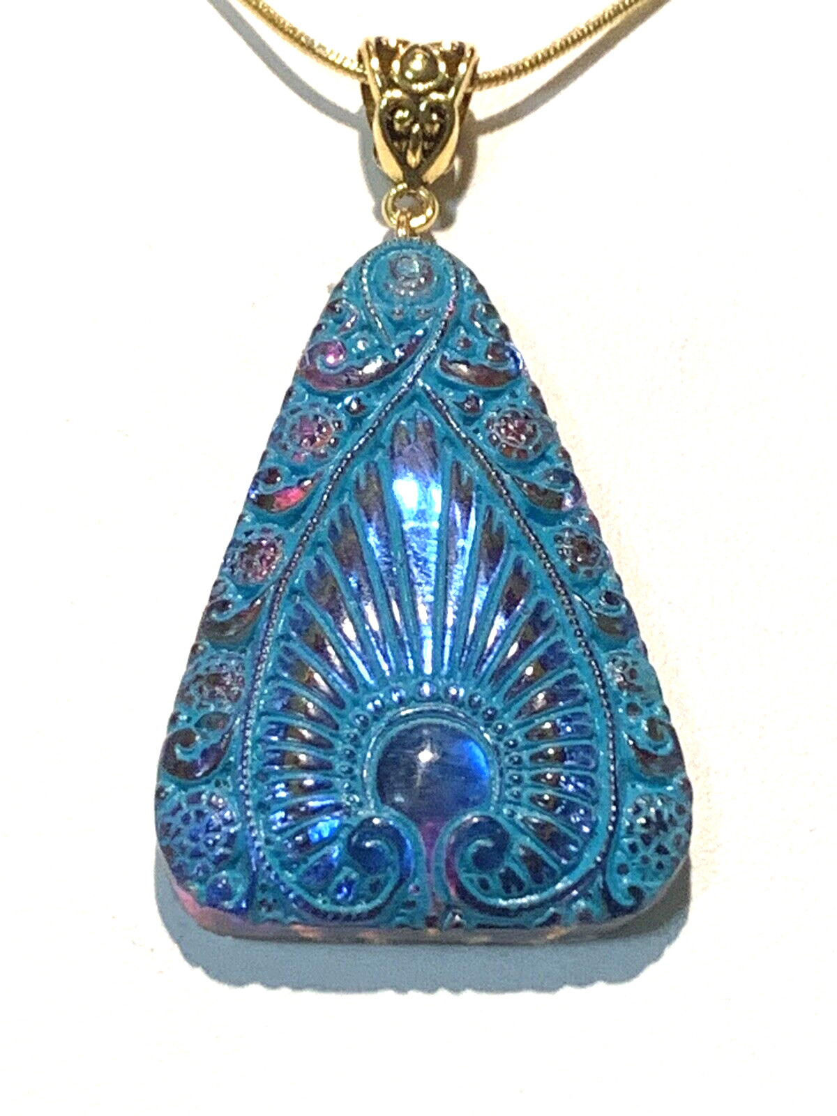 LAST ONES* VTG.EGYPT REVIVAL IRIDESCENT BLUE/VIOLET CZECH GLASS NECKLACE.g.verdi