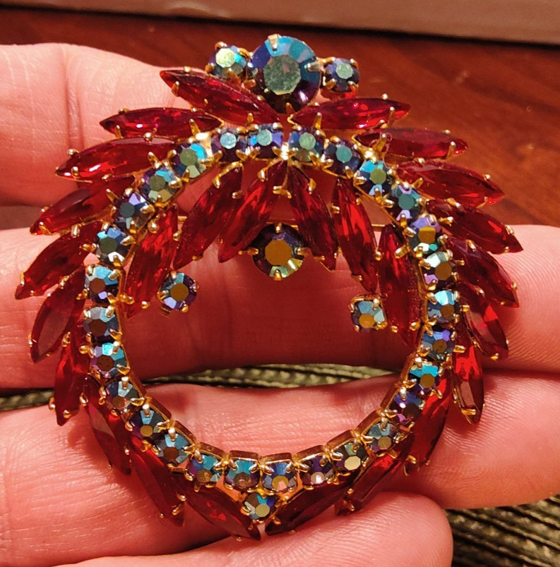 Vintage Red & Iridescent Rhinestone 2 1/4″ Round Brooch