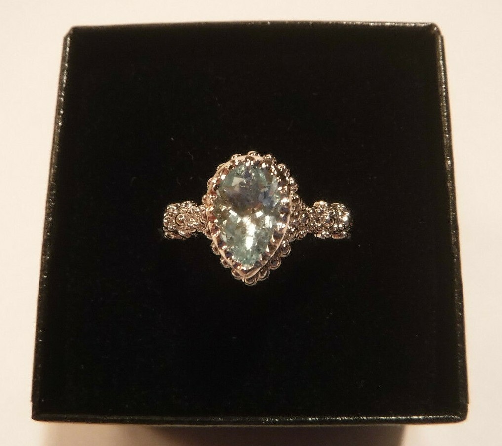 New 1.45CT Pear Cut Aquamarine (Beryl) & Platinum Over Sterling Silver 925 Ring