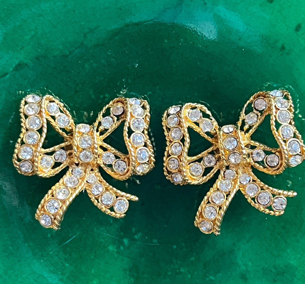 Vintage 1980s Rhinestone Bow Gold Tone Clip Earrings Bridal Statement Signed AFJ