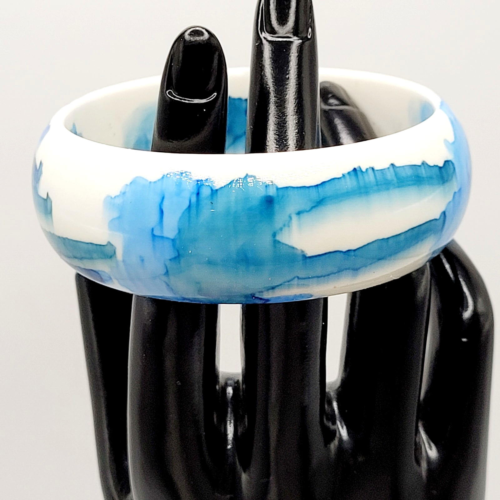 Marbled Watercolor Ink Blot Design Blue White Acrylic Chunky Bangle Bracelet