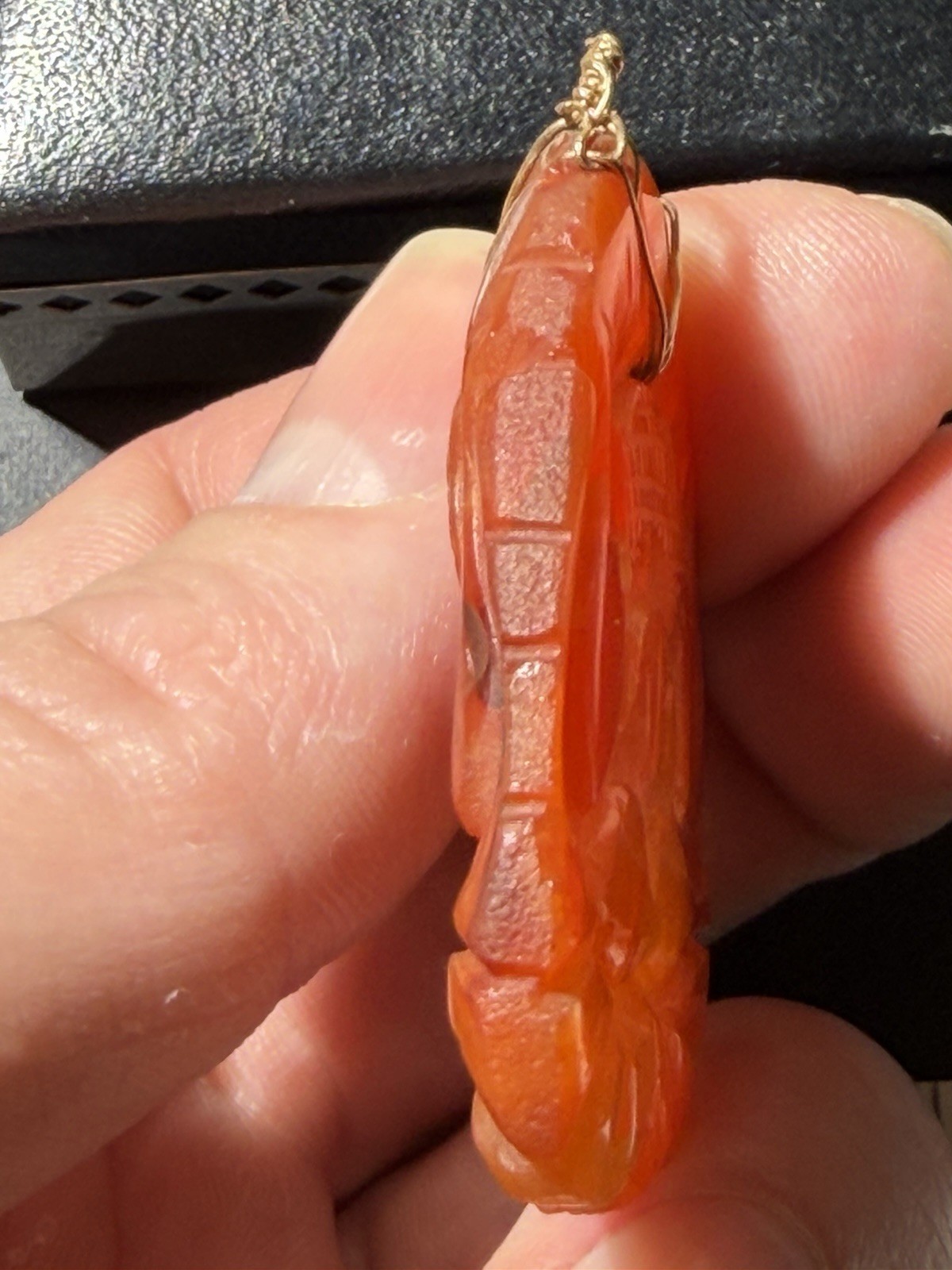 Vintage Carved Carnelian Stone Pendant 10k Solid Gold Wire Bail Old Repair