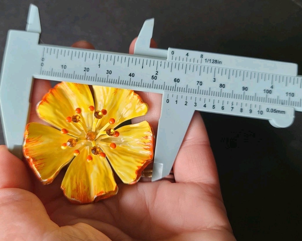 Vintage Yellow Enamel Poppy Flower Power Brooch Pin Hippie MCM Glows Under UV