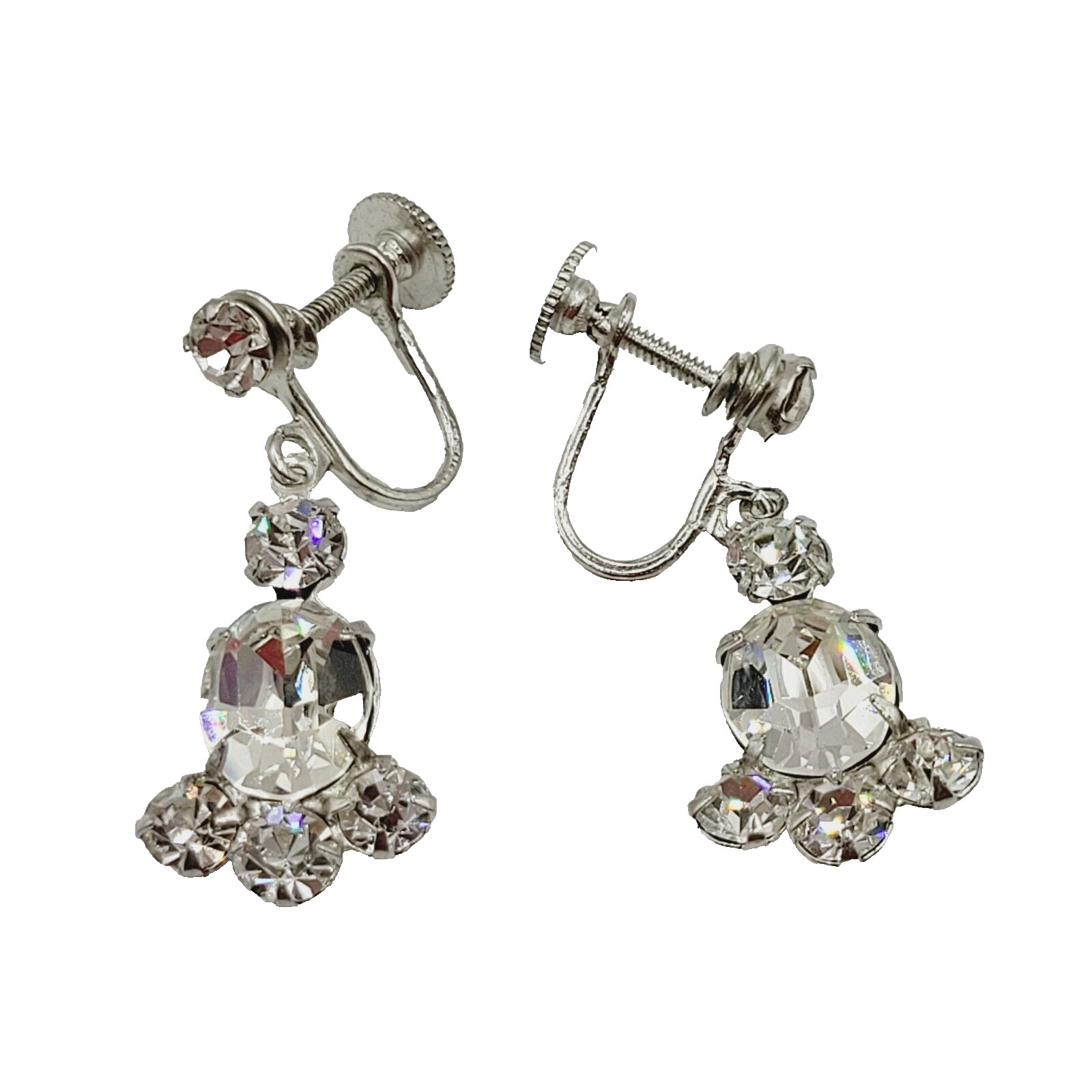 Crystal Rhinestone Cluster Silver Tone Drop Dangle Screw Back Vintage Earrings