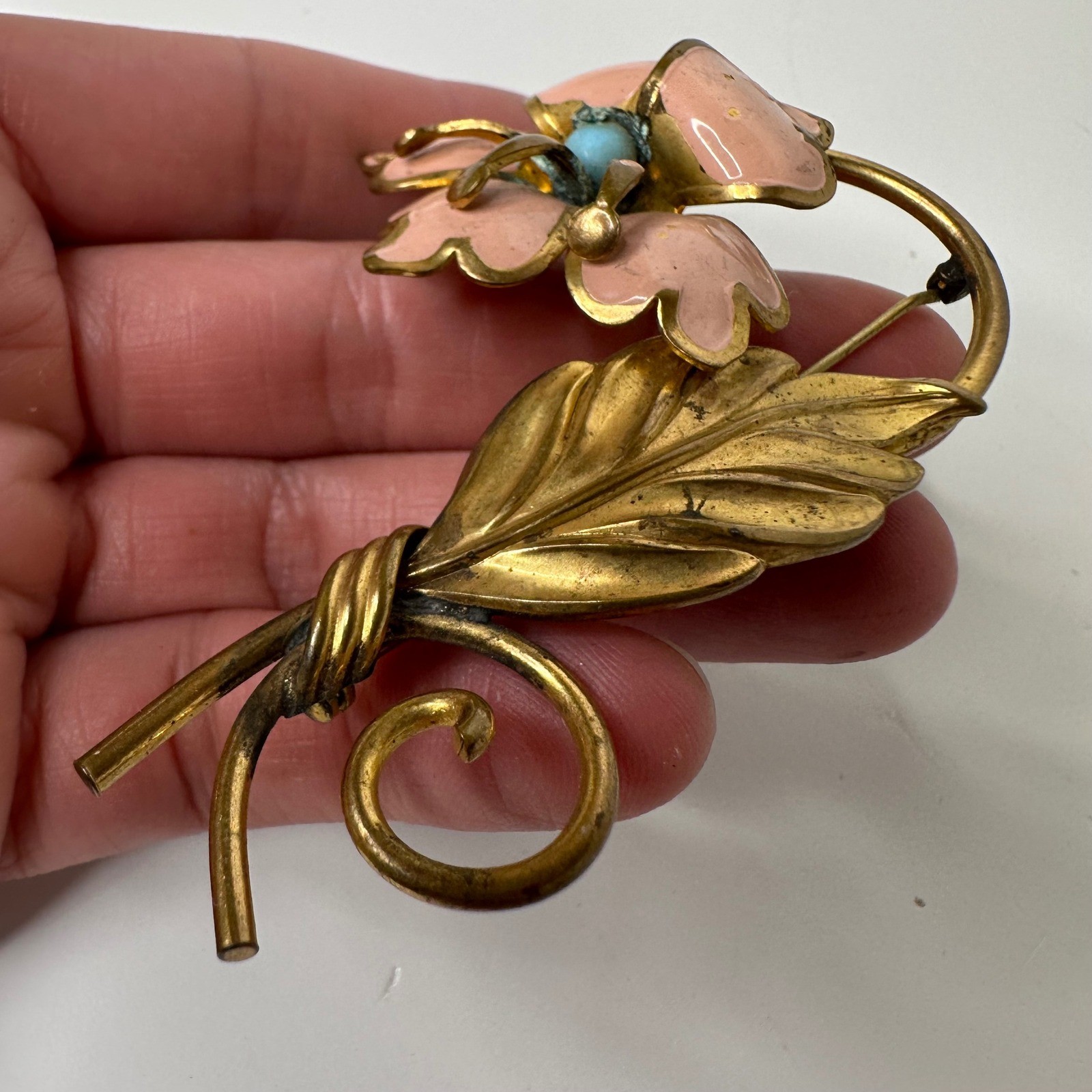 Vintage Pink Enamel Flower Brooch Gold Tone Leaf Blue Bead Pin Spring Romantic