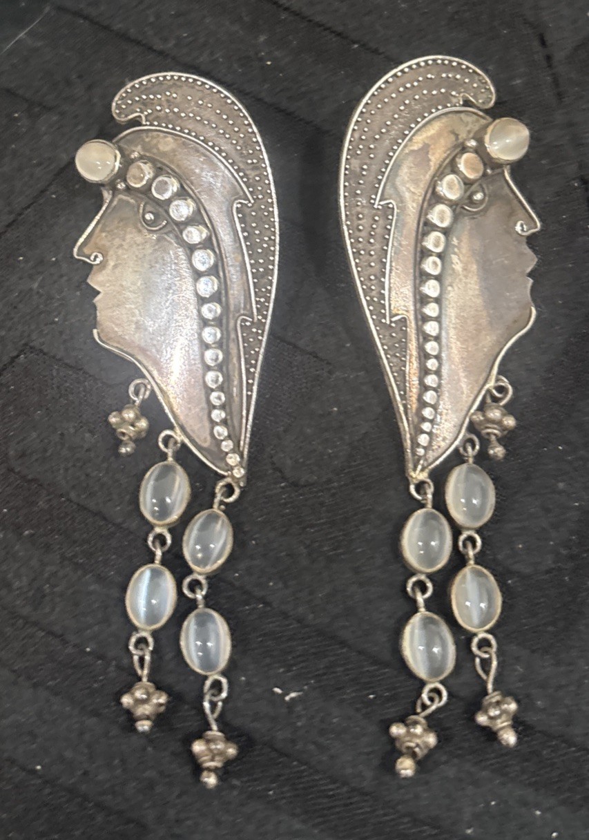 Vintage Unique Long Sterling Silver Tribal Face Cabochon Post Earrings 925