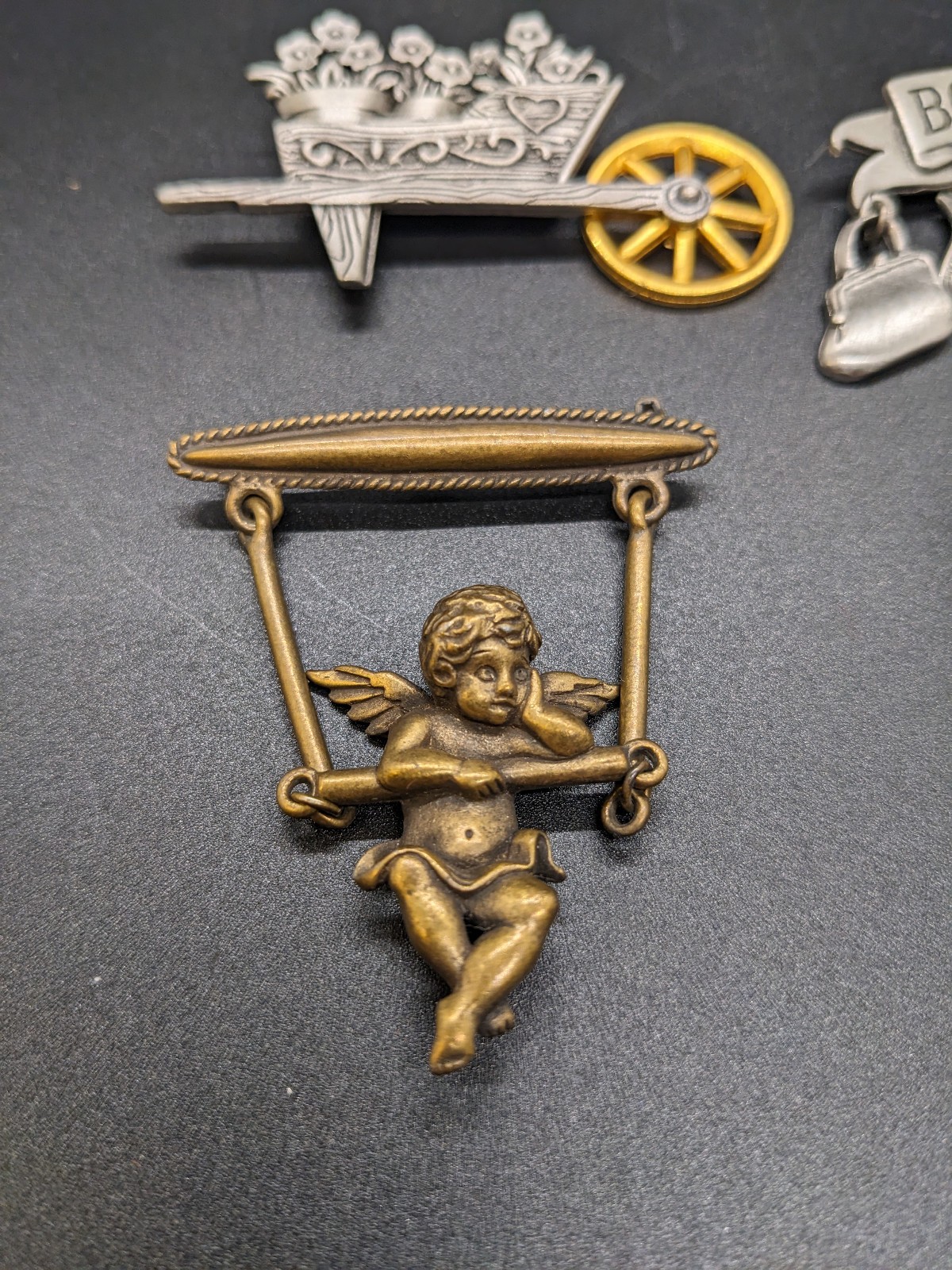 Lot of 4 Vintage Pewter Brooches Pin JJ Jonette Wheelbarrow Angel Born to Shop