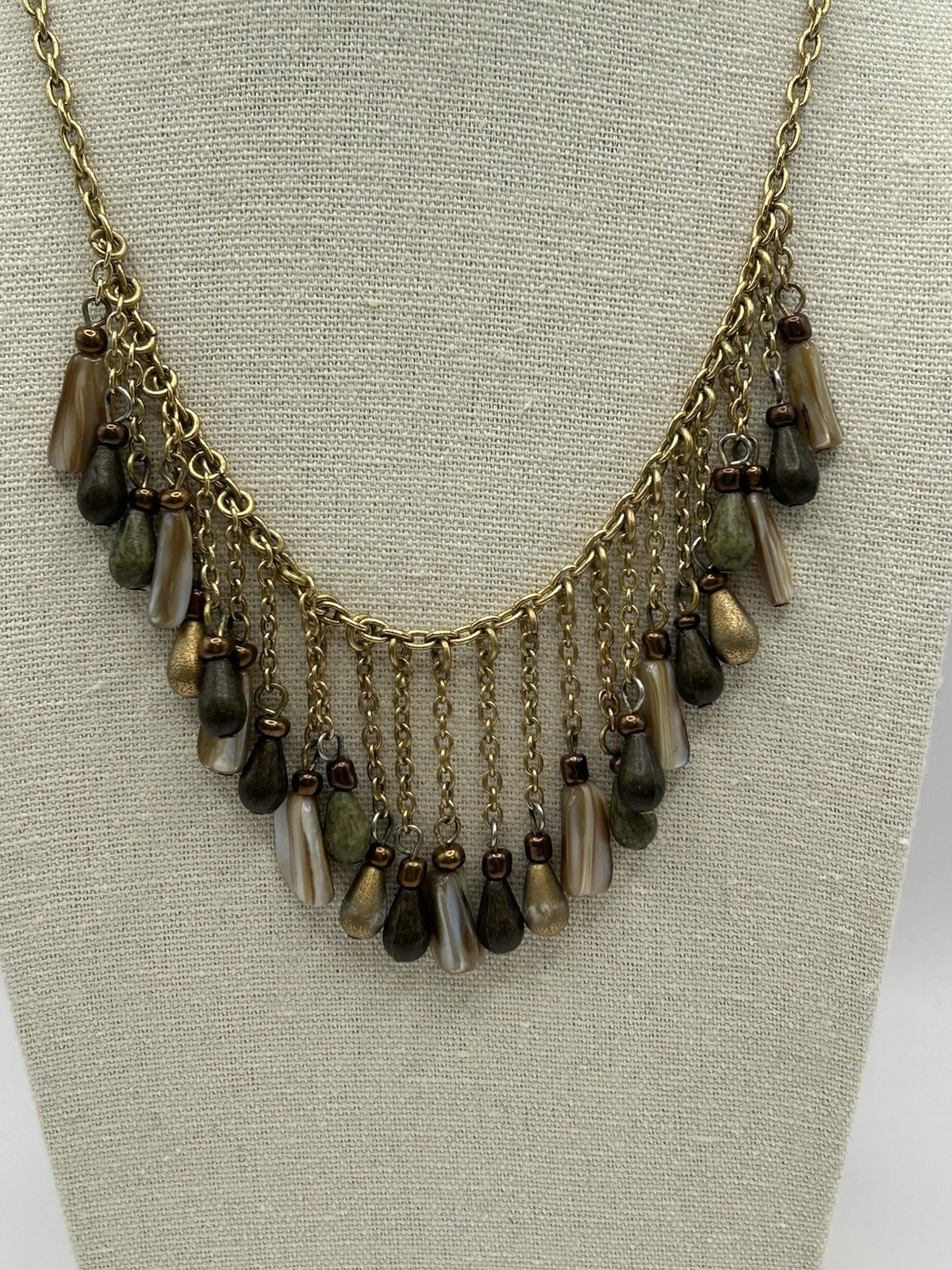 Vintage Boho Fringe Necklace Gold Tone Multi Stone Dangle Bib Statement Earthy