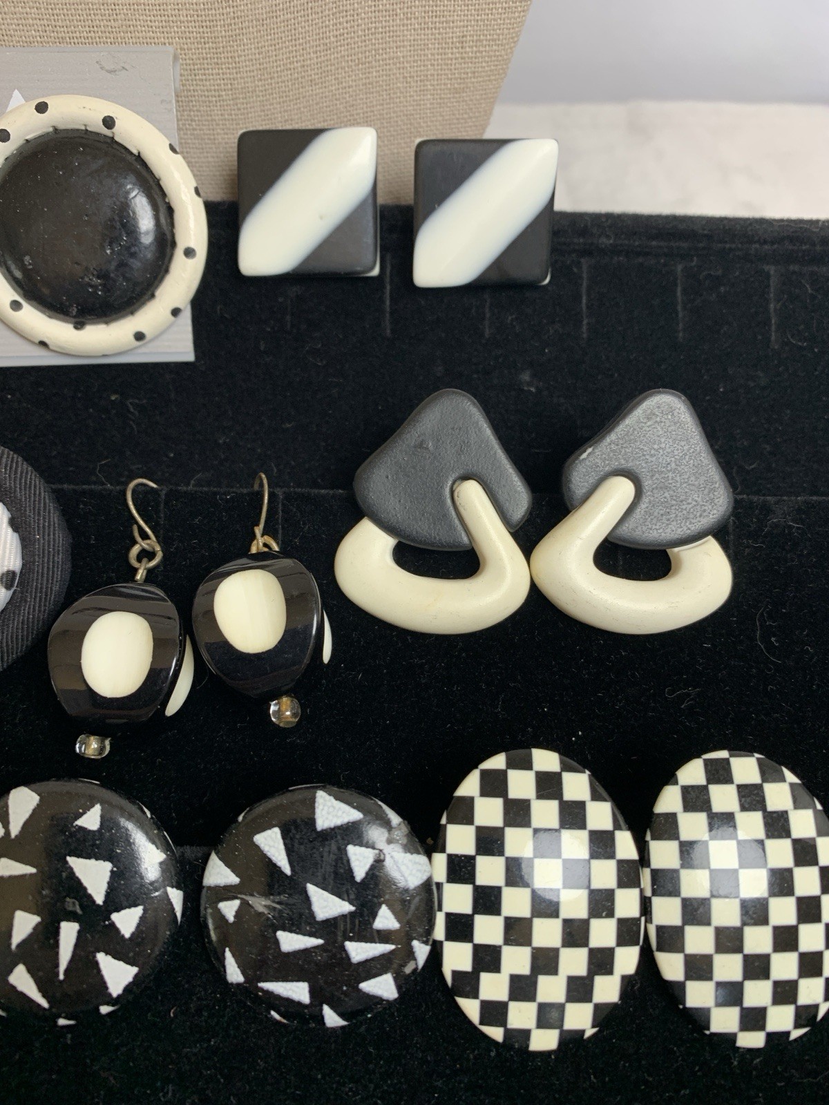 Vintage MOD Monochrome Jewelry Lot Black White Earrings Signed Tacoa & Necklace