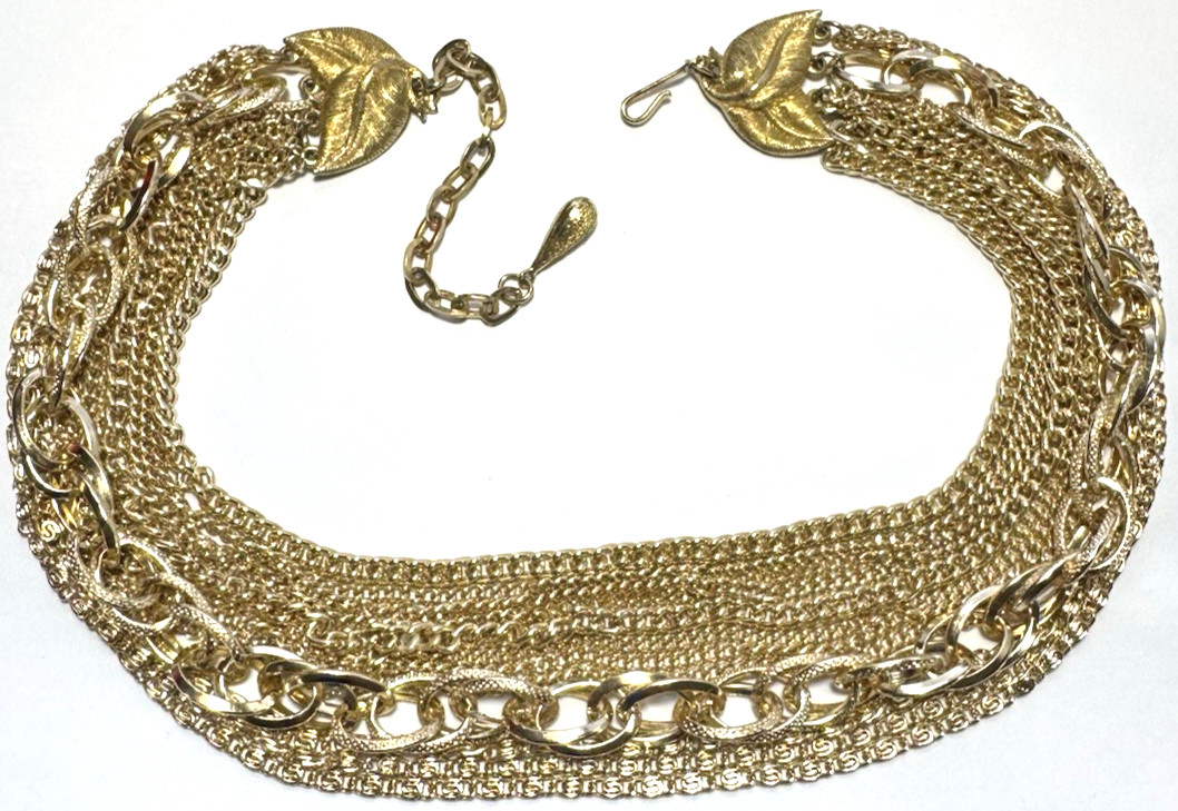 Vintage Jewelry Necklace SIGNED CORO Multi Strand Chain Bib Gold Curb Snake 17