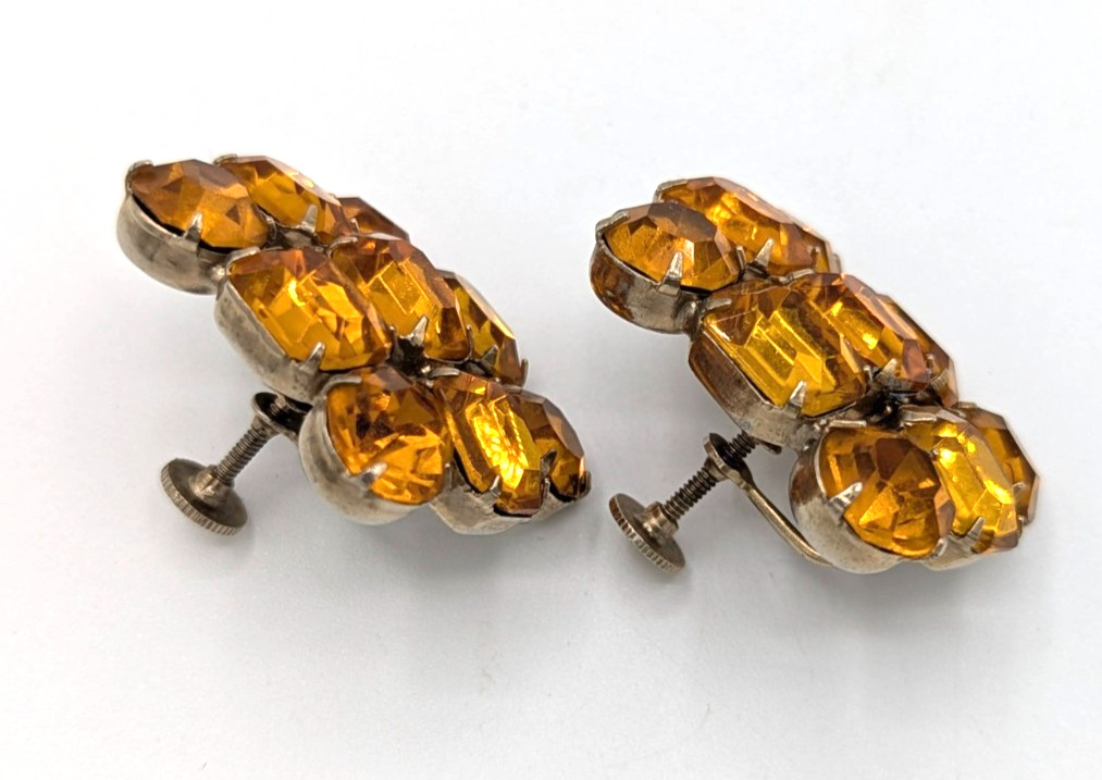 Vintage Amber Rhinestone Earrings Honey Topaz Cluster Screw Back Gold Tone MCM