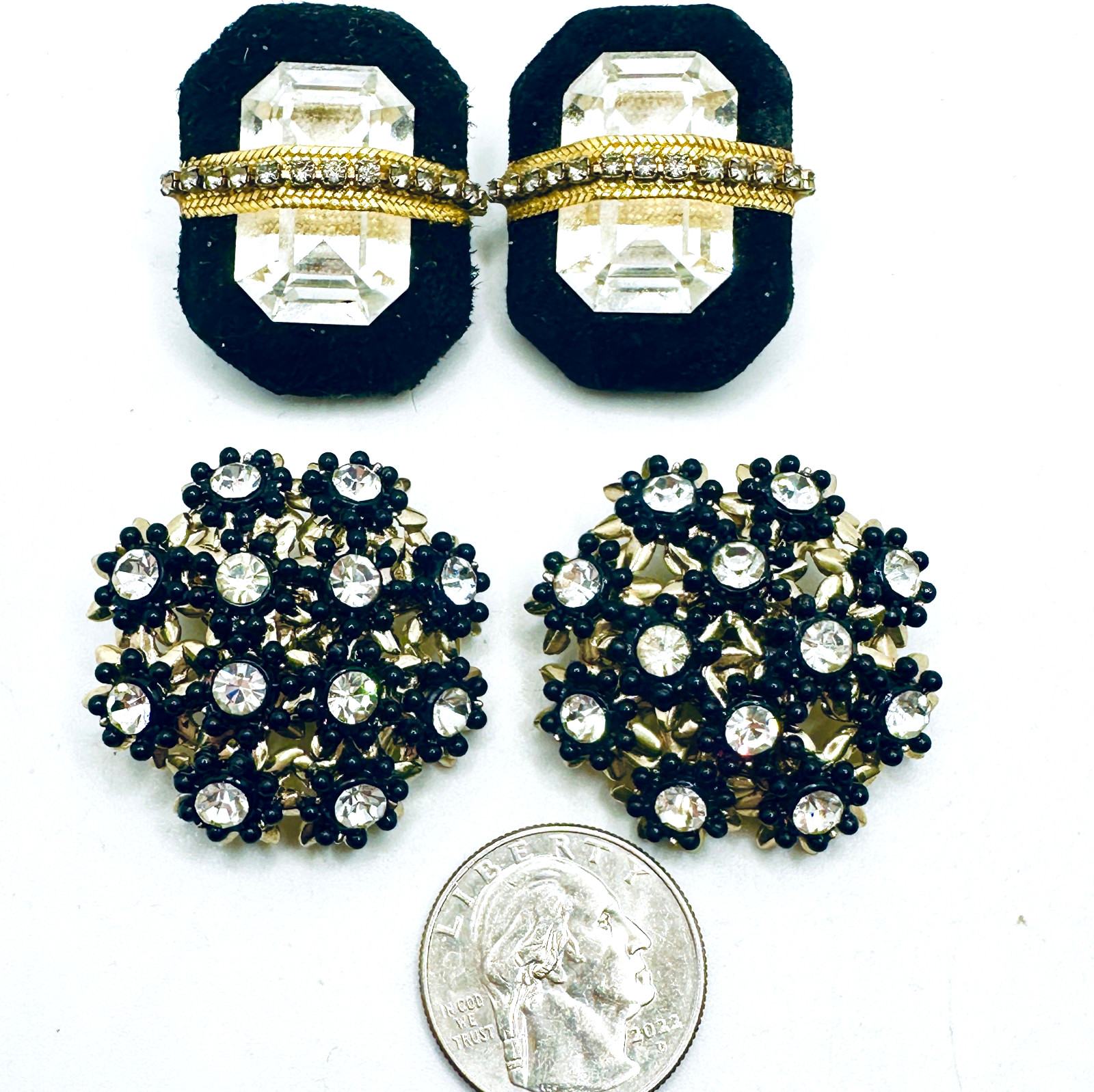 Lot 2 Vtg Chunky Black & Gold Tone Rhinestone Clip Earrings Swedged, Leather 80s