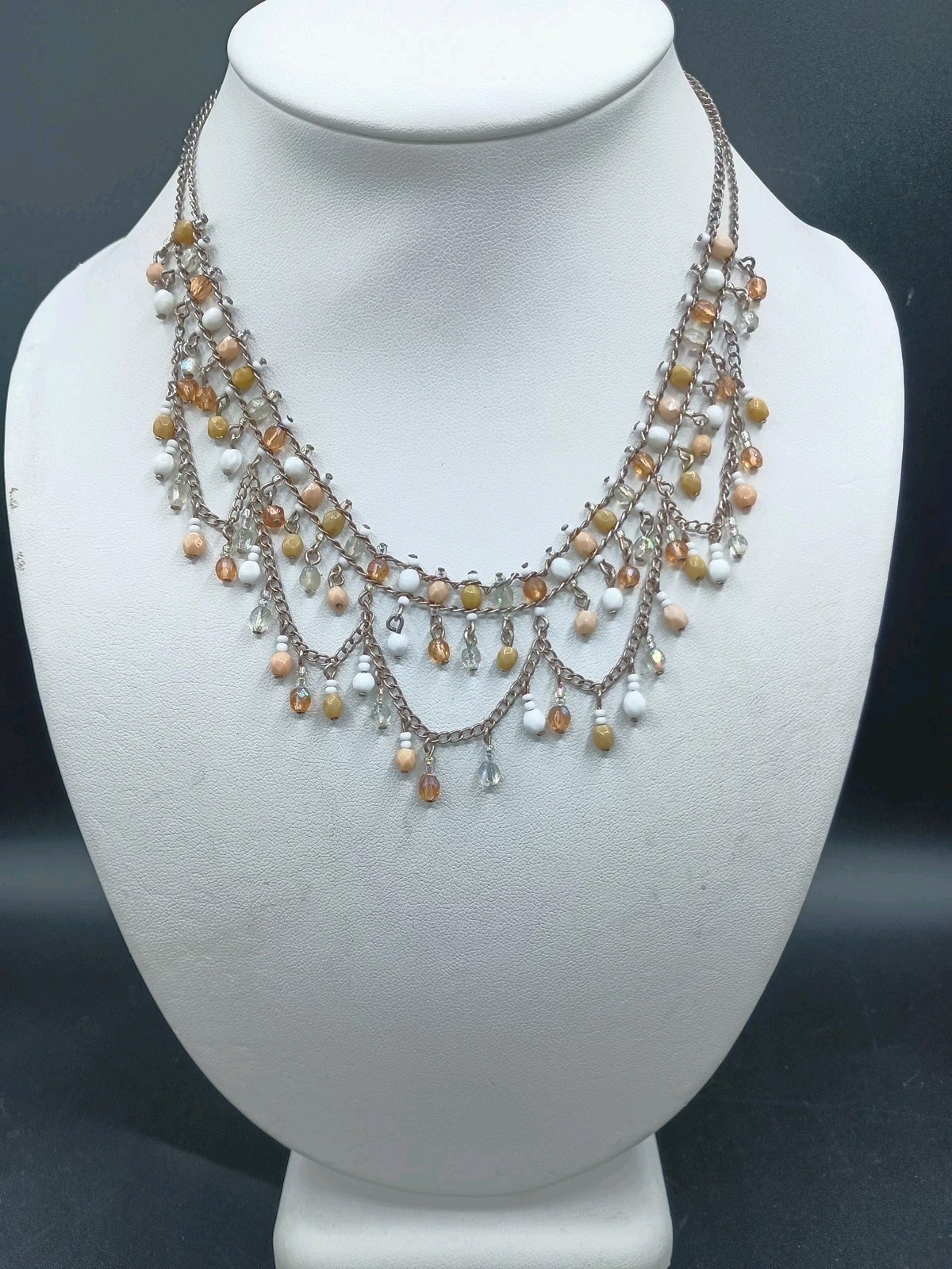 Art Deco Revival Necklace Festoon Gothic Fringe Bead Bib AB Fall Silver Tone 16″