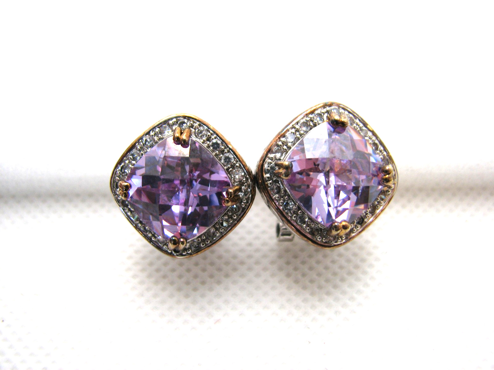 Vintage Brilliant Cushion Cut Amethyst CZ Halo Pierced Earrings Two-Tone Metal