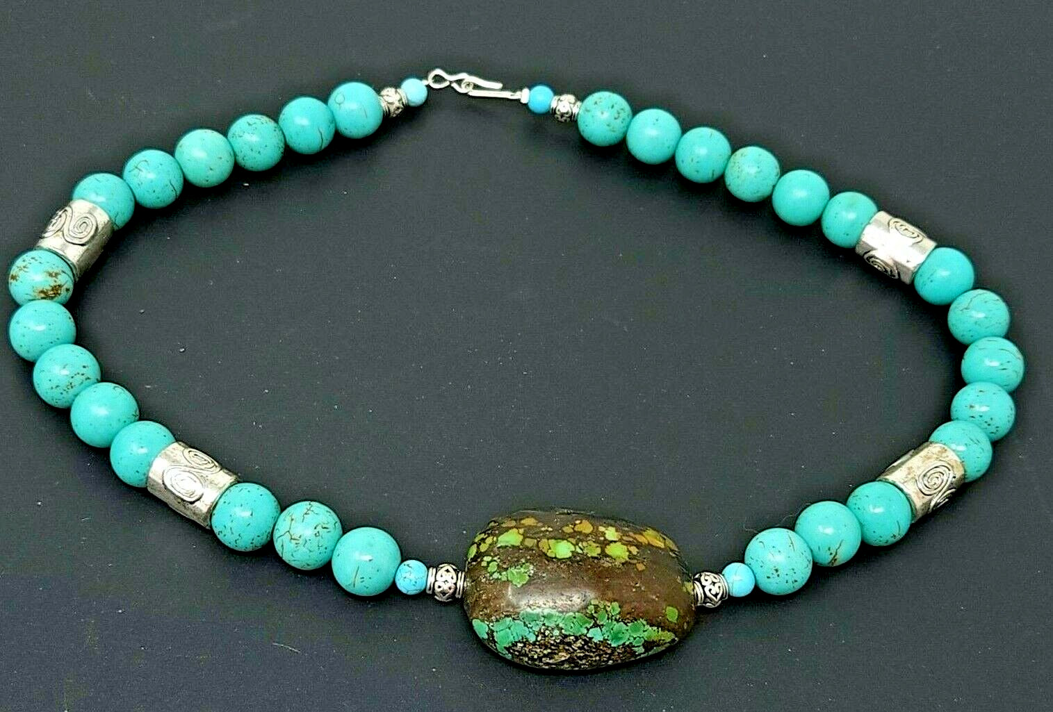 Vintage South Western Silver Turquoise Beaded Necklace 18″
