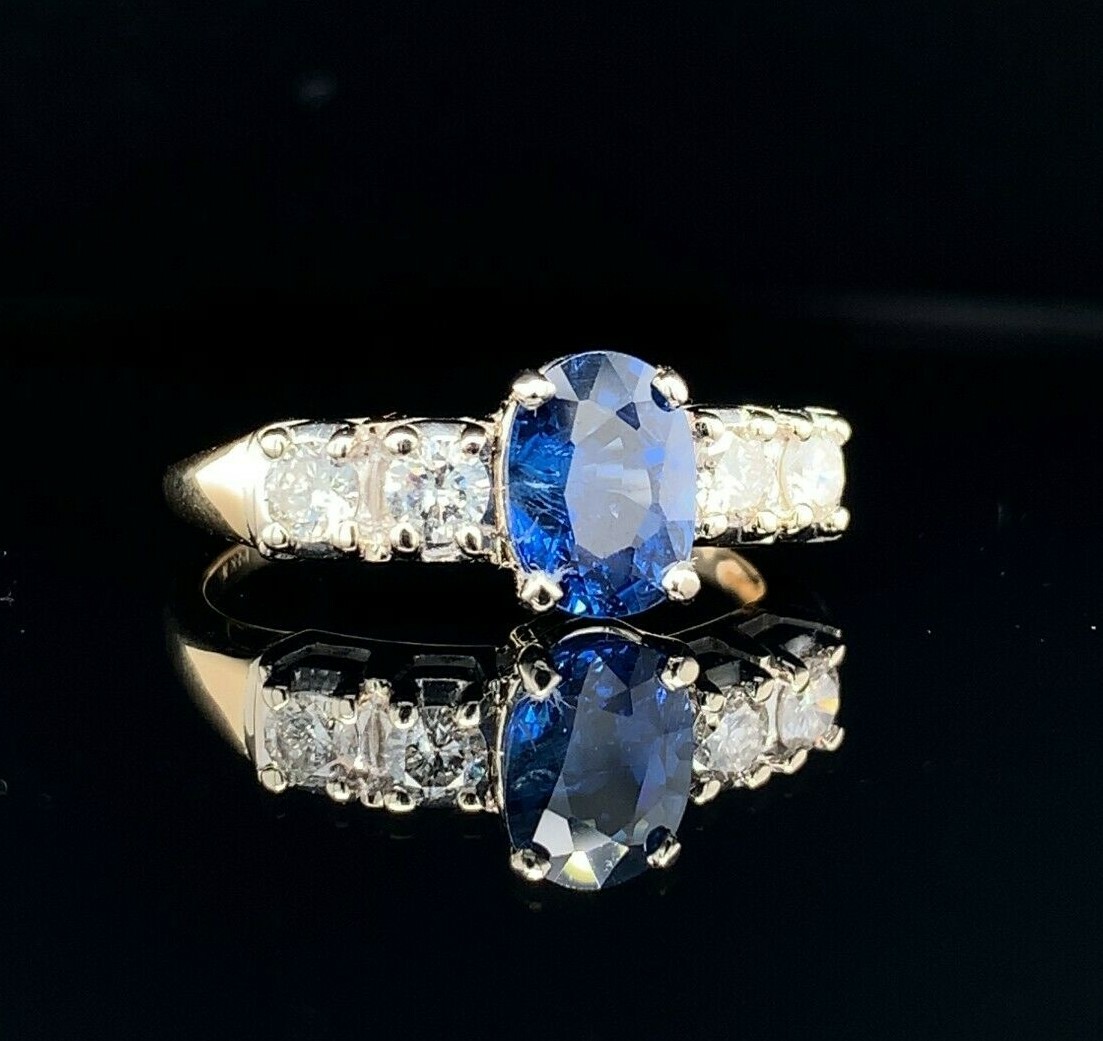 14k Yellow Gold 1.52 Carat Genuine Natural Sapphire and Diamond Ring (#J5570)
