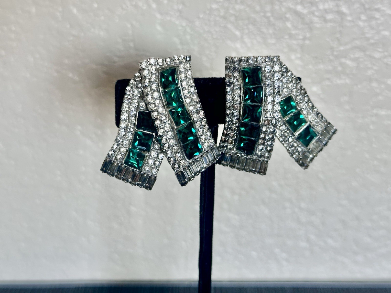 Vintage MMA Clip On Earrings W/ Ribbon-Fold Design + Emerald & Clear Rhinestones