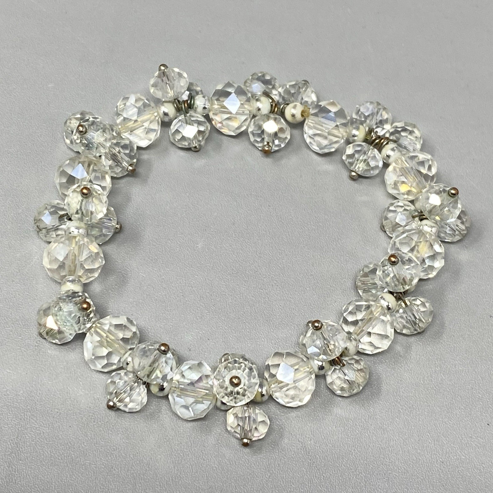 VTG Clear Glass Bead Cluster Bracelet Stretch Fire Polished AB Coated Retro 6.75