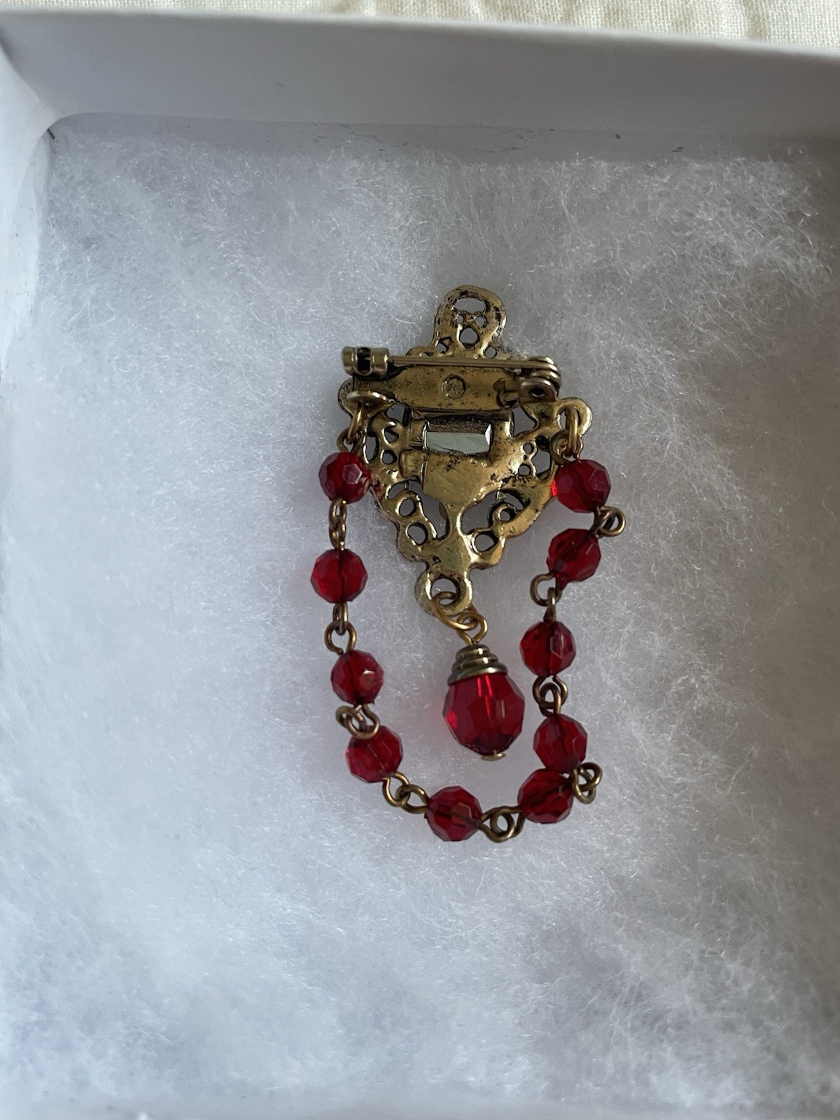 Gold Tone Vintage Broach Pin With Red Beads