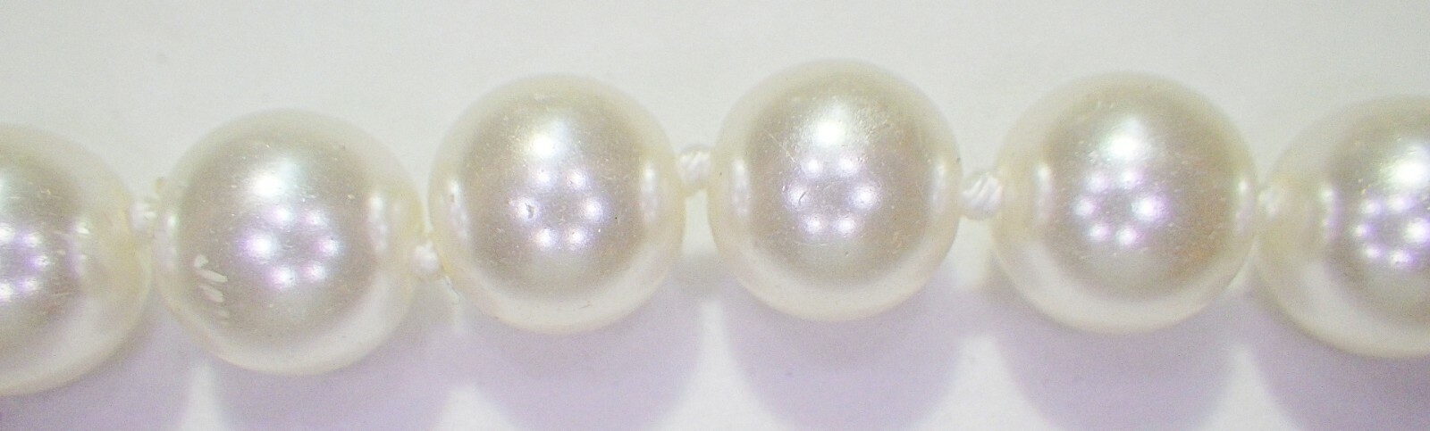 Vintage White Glass Pearl Strand Necklace, 25″ Hand Knotted, 8.4mm, Barrel Clasp