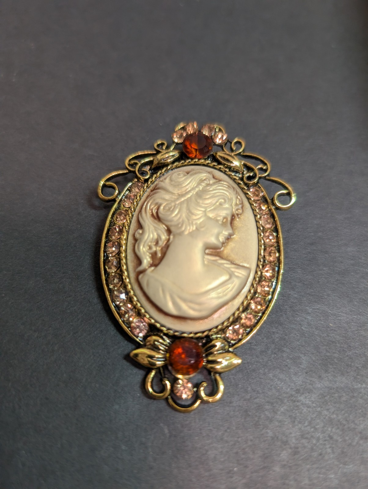 Garnet & Rhinestone Oval 2″ Cameo Brooch Pin and Long Dangle Chain Earrings Set