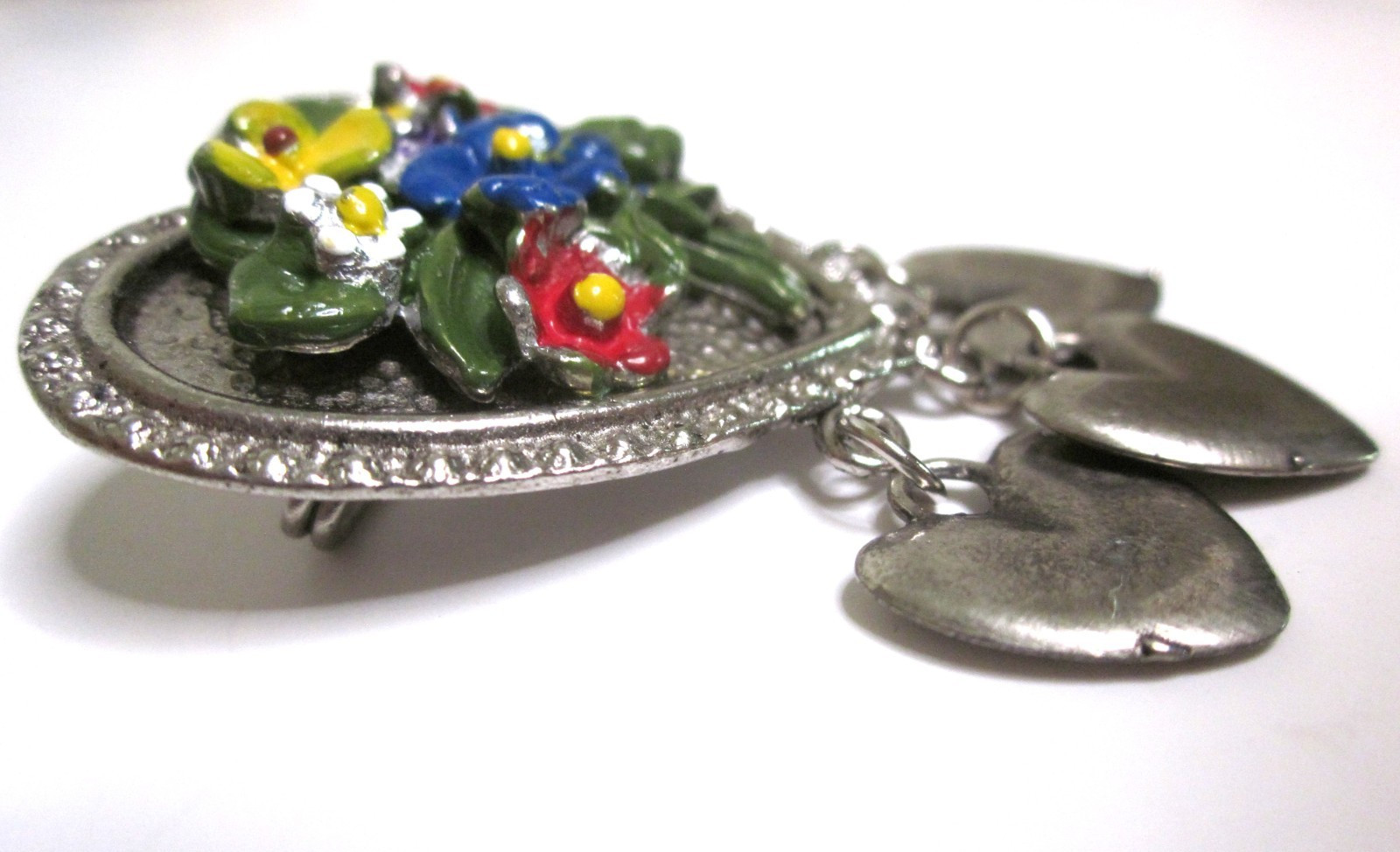 Vintage Hand Painted Enamel Hearts & Flowers Brooch/Pin 3 Dangling Hearts