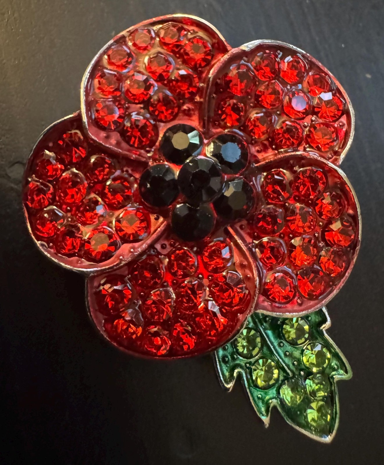 Vintage Red Poppy Flower Black Crystal Rhinestone Brooch Pin B22