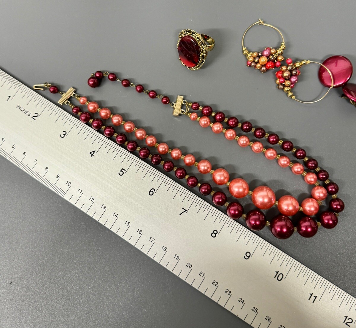 Vintage Purple Pink Red Multi Strand Beaded Necklace Japan Plastic Earrings Ring