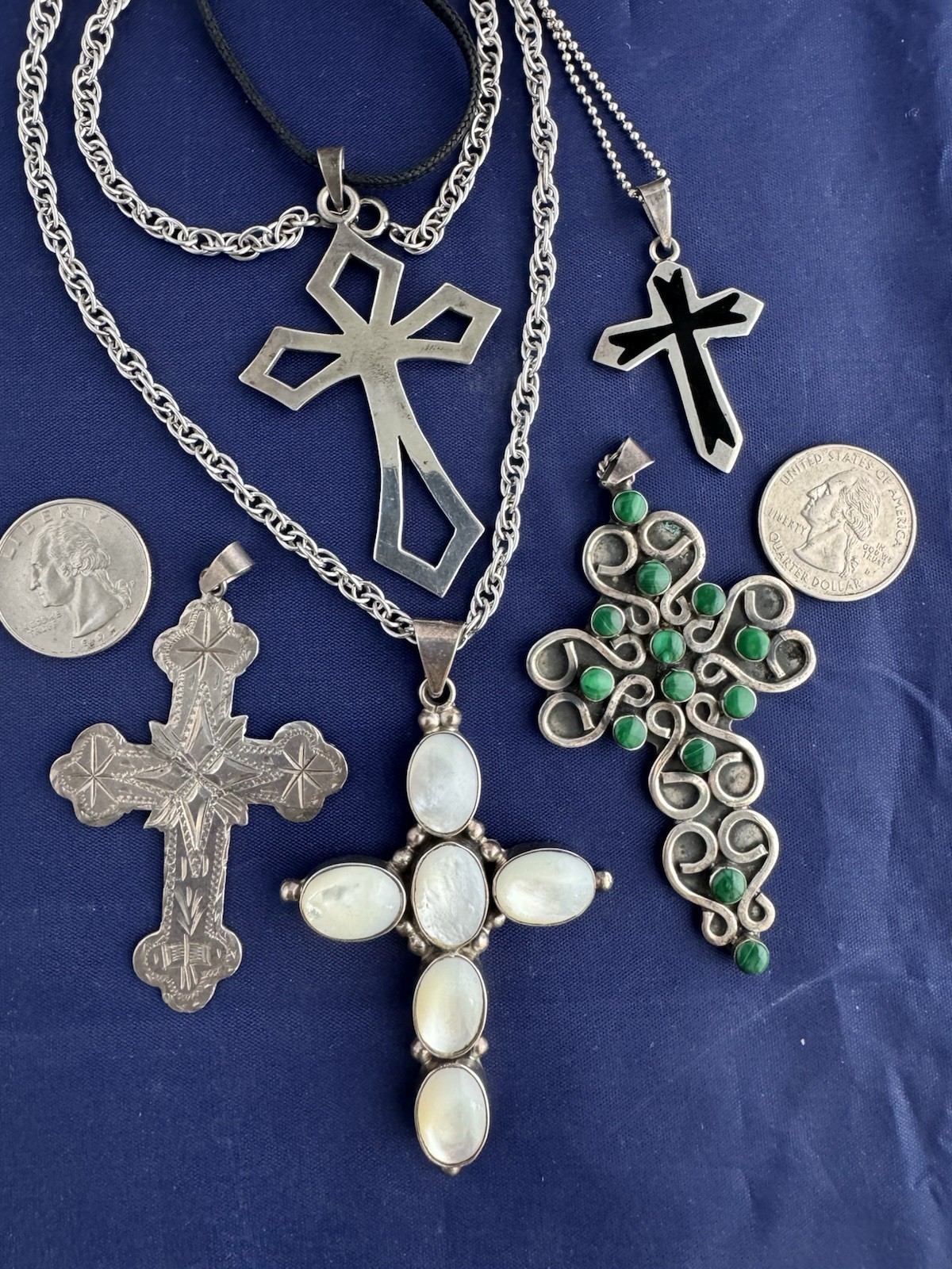 Vintage Sterling Silver Cross Necklace Pendant Lot Mexico MOP Malachite 90 Grams