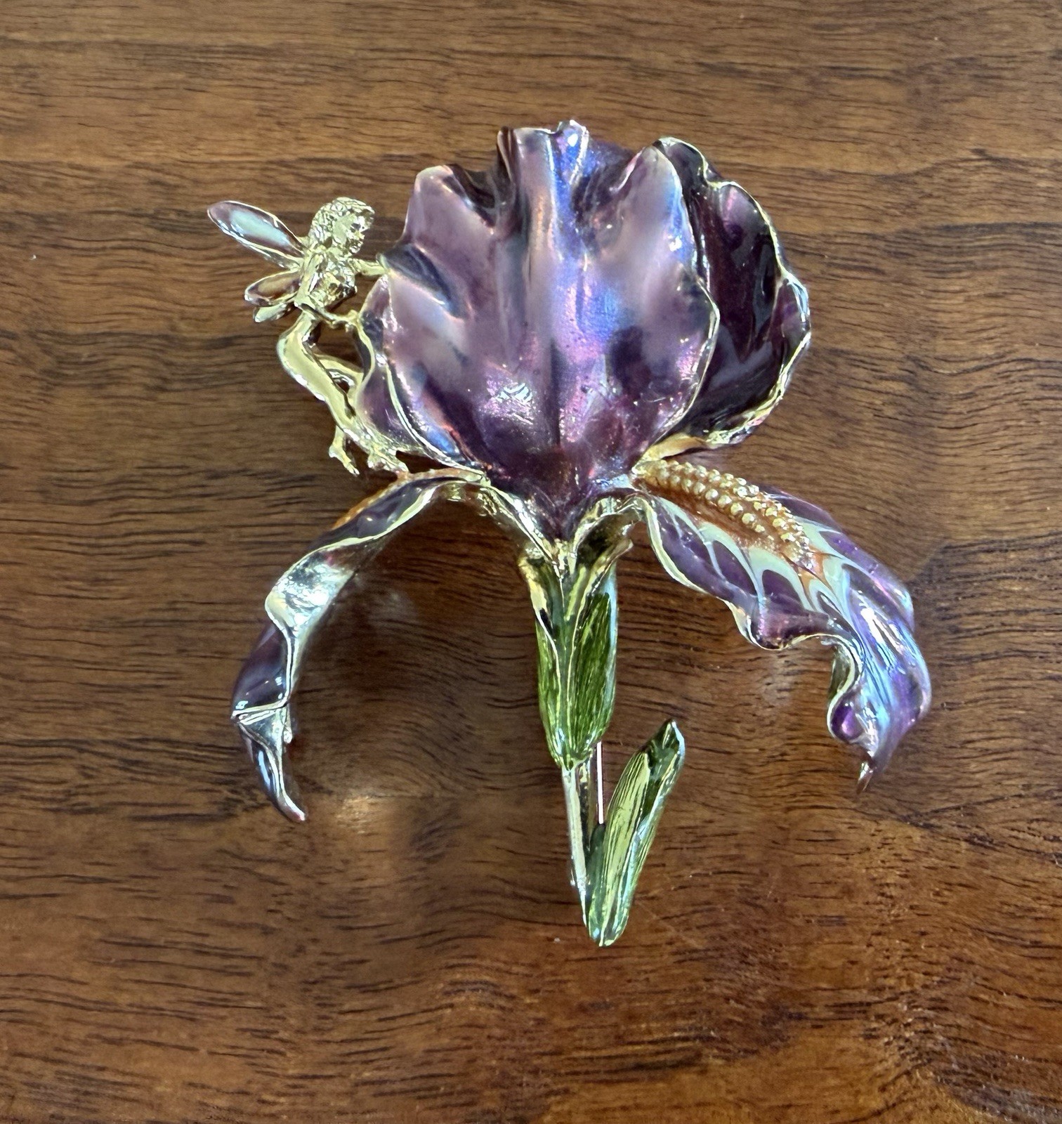 Vintage Large Kirks Folly Purple Enamel Orchid Brooch With Golden Fairy Signed