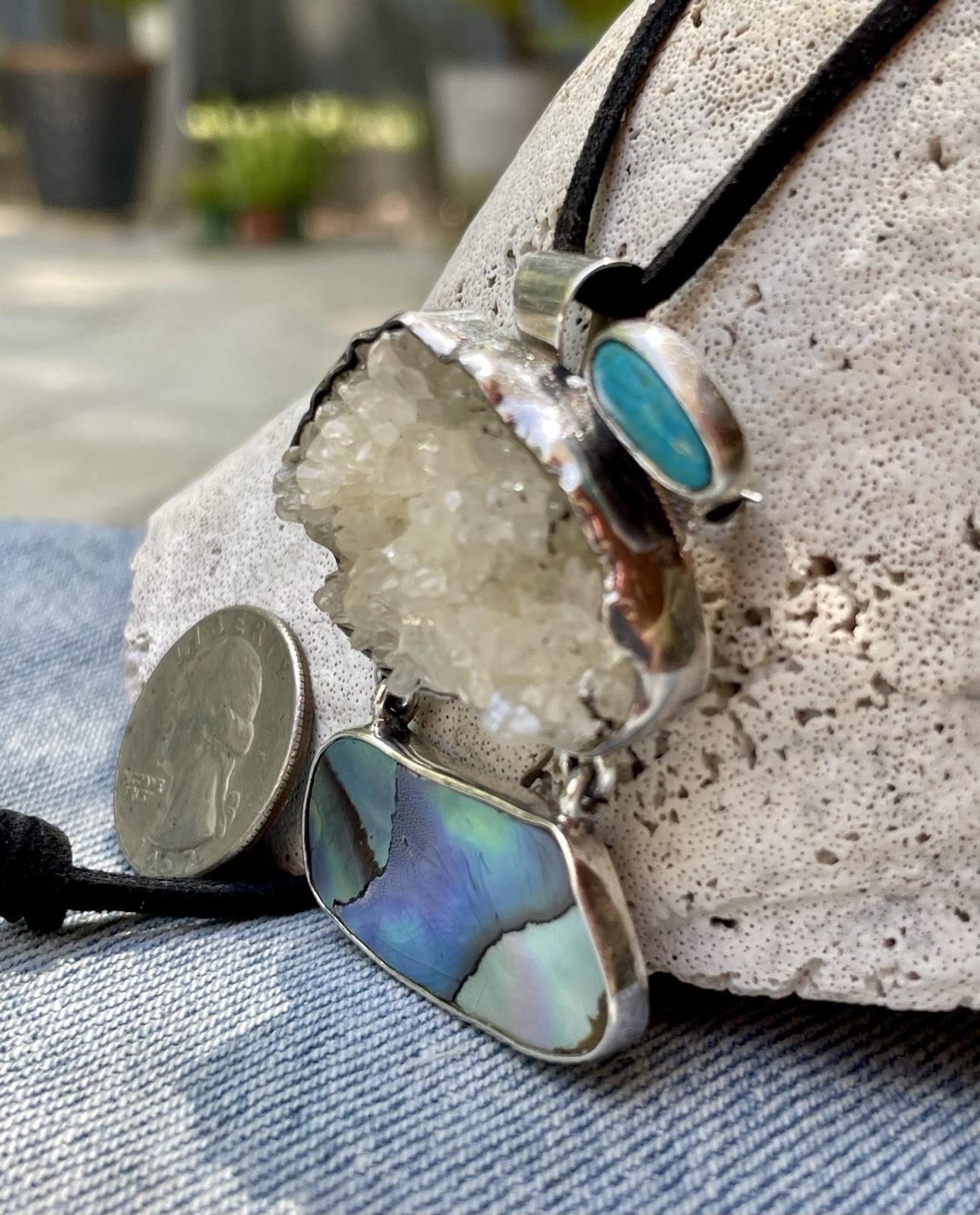 🎥Rock Crystal Rainbow Abalone Turquoise 2″ Pendant Brooch Mex Sterling Silver