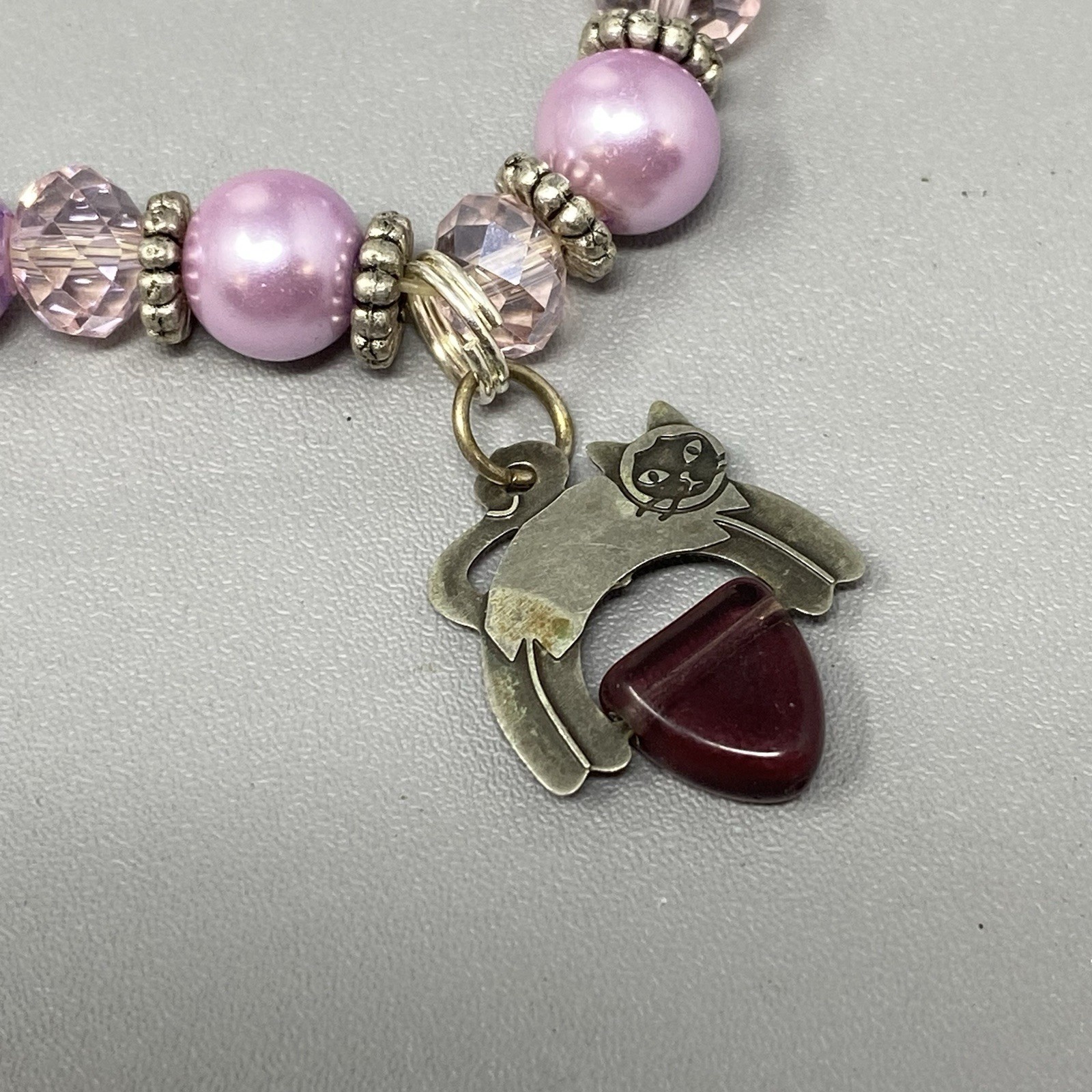 Purple Glass Bead Bracelet Sterling Silver Cat Dangle Charm Faceted Stretch 6.75