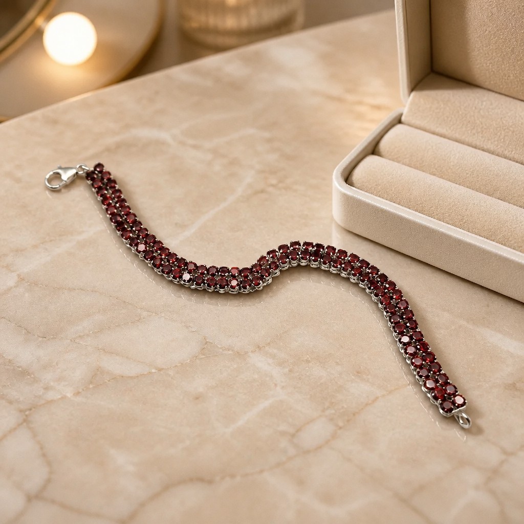 925 Sterling Silver Garnet Tennis Bracelet Double Row Round Red Stones 7 Inch