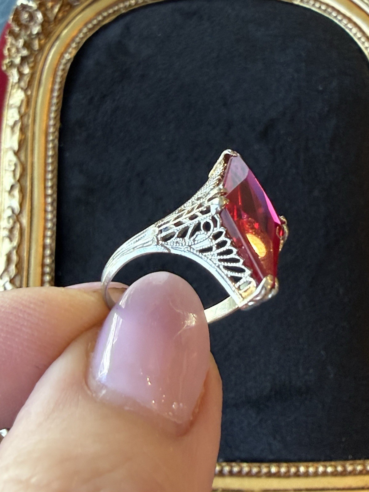 Antique Art Deco 14k White Gold Filigree Ring with a Kite Cut Ruby lab created