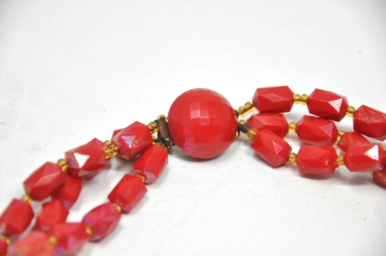 Vintage Austria Red Iridescent Triple 3 Strand Faceted Beaded Necklace
