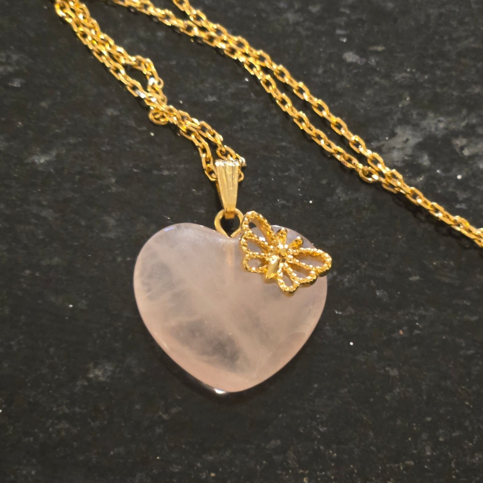 Vintage Avon Rose Quartz Heart Butterfly Pendant Necklace Gold Tone pink Gem