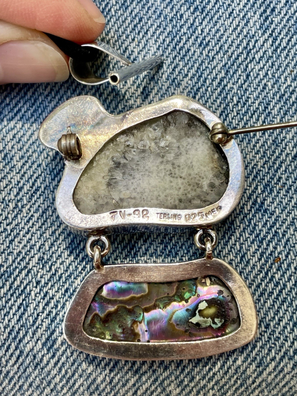 🎥Rock Crystal Rainbow Abalone Turquoise 2″ Pendant Brooch Mex Sterling Silver