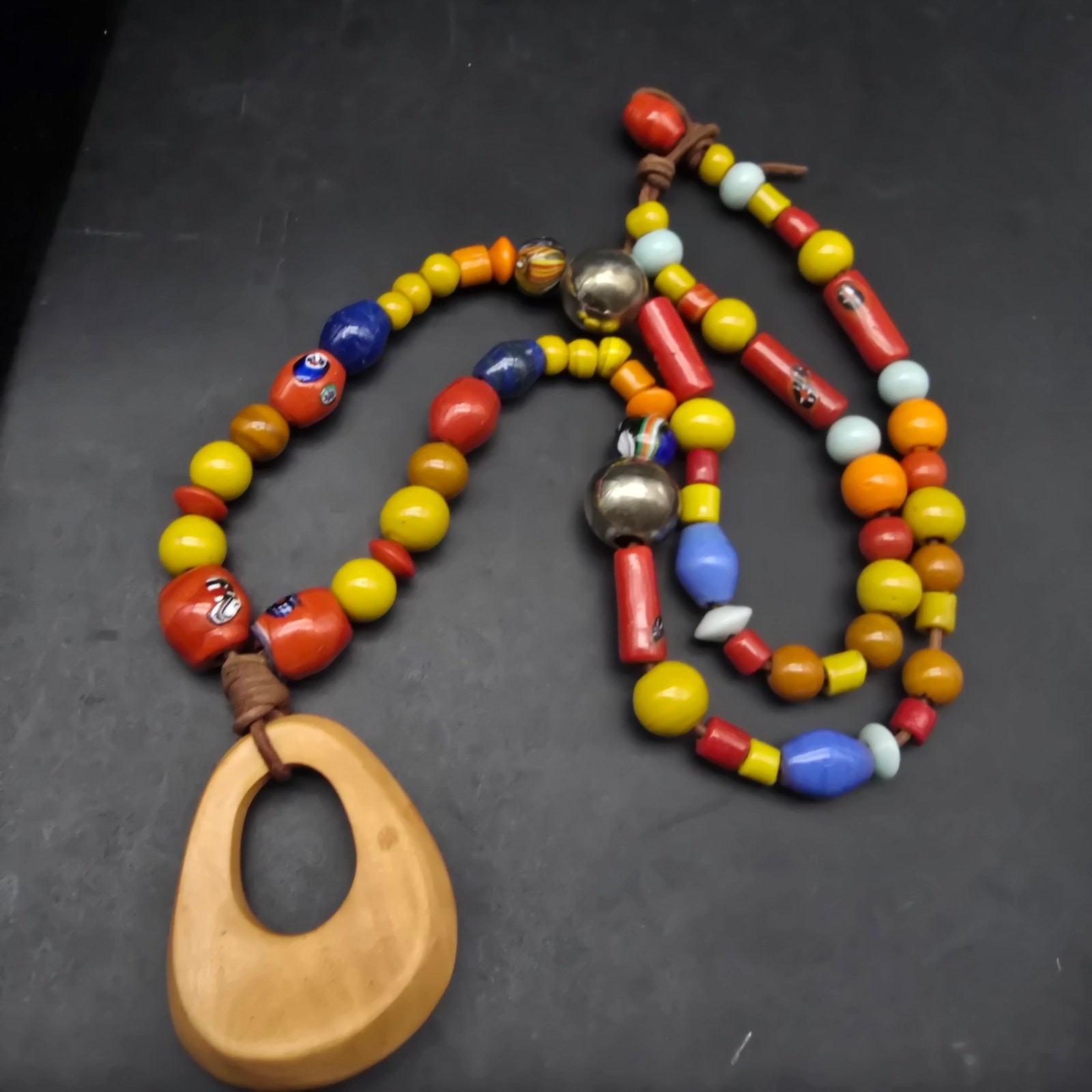 Colorful Glass Ceramic Beaded Necklace with Wood Pendant