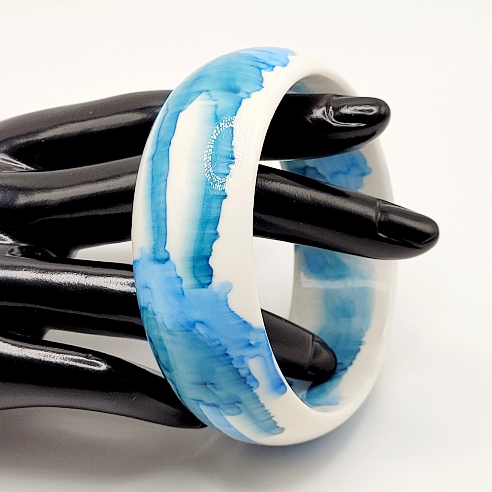 Marbled Watercolor Ink Blot Design Blue White Acrylic Chunky Bangle Bracelet