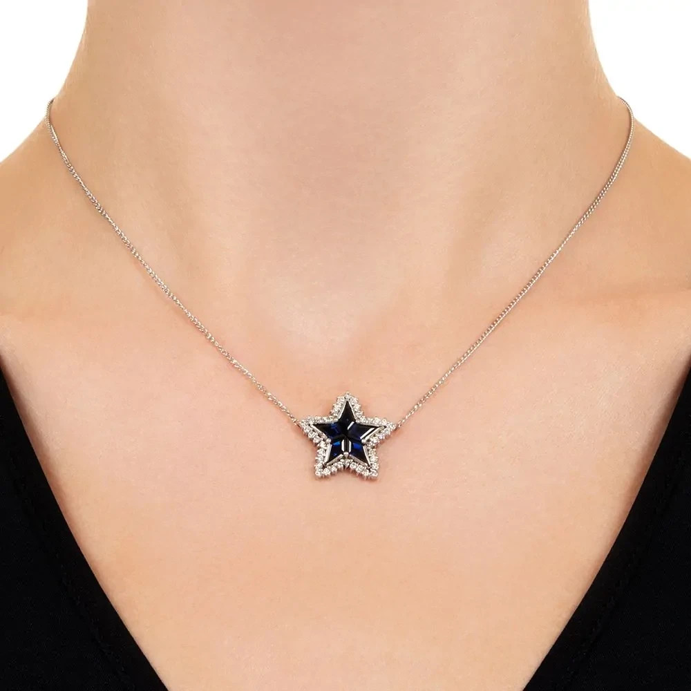 Star Shape Blue Sapphire & Lab-Grown Diamond Star Pendant In 14K White Gold FN